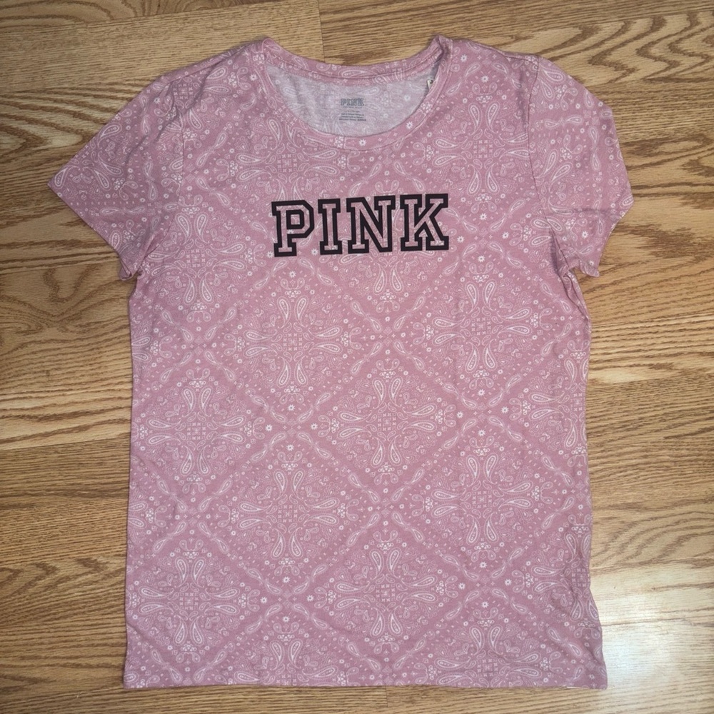 Victoria Secret PINK T Shirt Large Black Pink Logo Short Sleeve Crew Neck New